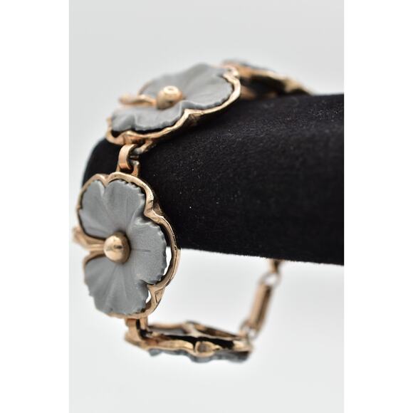 Vintage 7.5" Flower Bracelet Linked Chain Matte Gray Chunky Gold Tone 1960s BinO - Picture 2 of 12